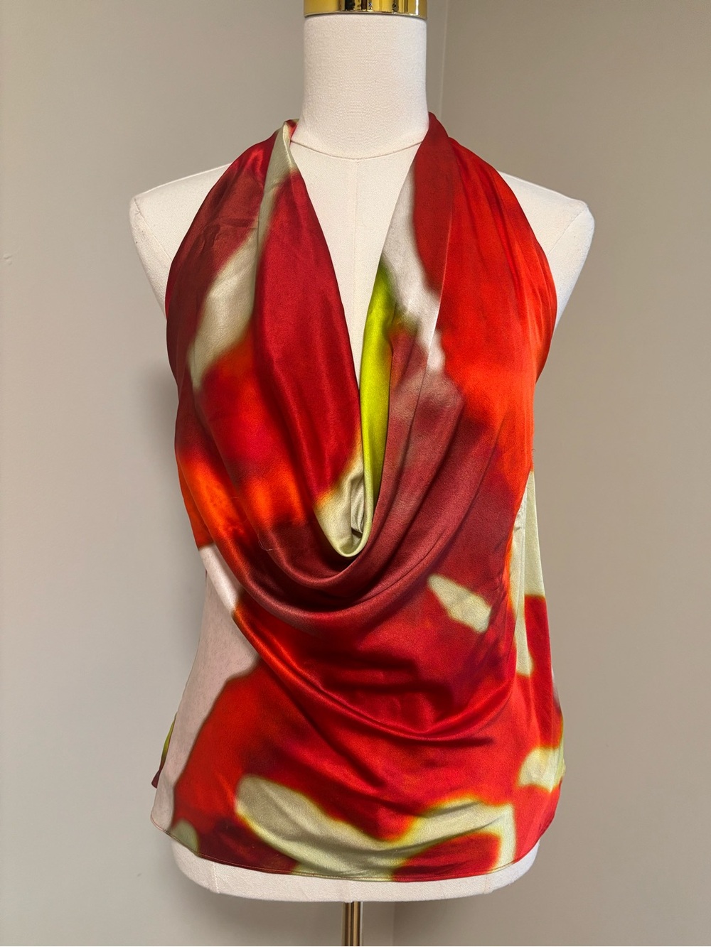 STAUD Abstract Print Silk Cowl Neck Halter Top Open Back Size M